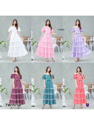 kudapy แม็กซี่เดรสสีชมพู ม่วง ม่วงอ่อน เขียว โอรสเข้ม สายเดี่ยวเว้าไหล่ แขน 2 ข้างระบายชั้น ผ้าไหมอิตาลี่ ระบายชั้นๆ