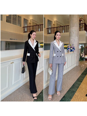 kudapy เซ็ทสูท สวยคลาสสิค ไซน์ทรงทันสมัย เพิ่มความหรูหราด้วยการแต่งสีทูโทน เสื้อแต่งกระดุมด้านหน้า 4 เม็ด มีซับในทั้งชุด เข้ารูปสวย