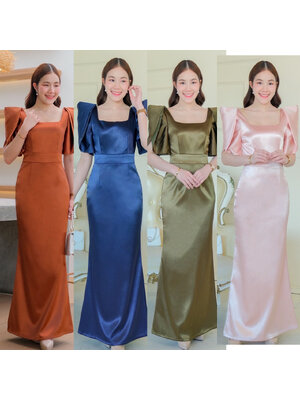 kudapy kudapy เดรสราตรียาว แขนสั้น ดีเทลแขนกลีบดอกไม้สองชั้น คอเหลี่ยม กระโปรงหางปลา ซิปหลังใส่ง่าย