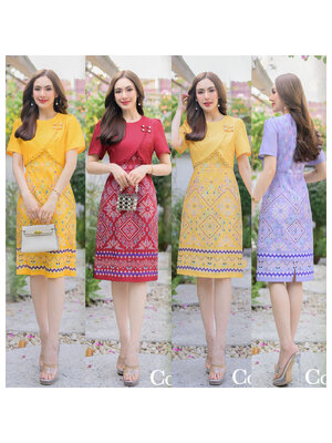 kudapy เดรสสั้น เดรสผ้าโพสลีเอสเตอร์เกาหลีแต่งกั๊กติดกระดุมมุกงาน พิมพ์ลายไทยแพรวา มีซับในและชิปหลังใส่สบาย