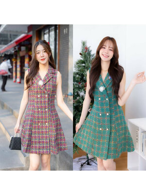 kudapy เดรสสูทสีเขียว/สีแดง กระโปรงสั้นลายตาราง แขนกุดผ้าทวิต ใส่เที่ยวสบายสวยดูดี