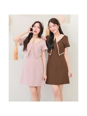 kudapy เดรสแขนสั้น เล่นสีคอปกและกุ๊นขอบ ดีไซน์เหมือนใส่เสื้อกั๊ก แพทเทิร์นสวยเข้าเอว ตัดต่อคิ้วกลางลำตัวจับเกล็ดเข้ารูป