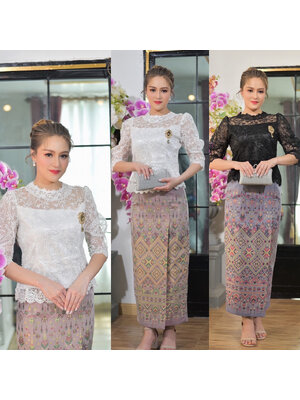 kudapy ชุดเซ็ทเสื้อลูกไม้ใยบวบผสมเลื่อมเกรดพรีเมี่ยม ซิปหลัง มีซับในทั้งตัว แขนยาว ลูกไม้ 3 มิติ