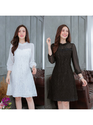 kudapy เดรสสั้นสีขาว/สีดำ เดรสลูกไม้ ช่วงคอมีดีเทลจับจีบแต่งลูกไม้ แขนชีฟองใส่สบาย แต่งลูกไม้ช่วงอกและชายกระโปรงสวย