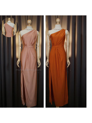 kudapy เดรสยาวออกงานสีโอรส/สีส้ม ติ้งสวยแพง กระโปรงผ่าข้าง ซิปข้าง ใส่ได้ทั้งงานเช้า งานเย็น