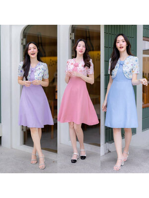 kudapy เดรสสั้นสีชมพู/สีม่วง/สีฟ้า กระโปรงบานกั๊กลายดอก