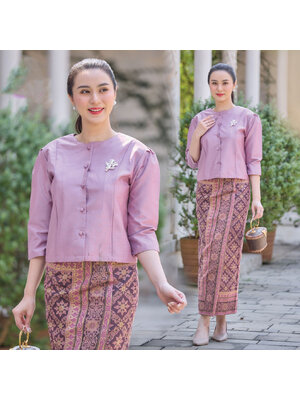 kudapy ชุดเซ็ทผ้าไหม เสื้อผ้าไหมแพรทิพย์ (ชมพูกะปิ) ใส่ไปงานบุญงานวัดสวยดูดี