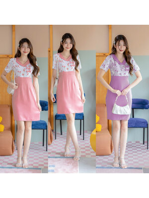 kudapy เดรสสีพื้นแต่งเสื้อลายดอกโบว์2ชิ้น