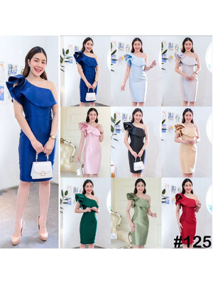 kudapy เดรสสั้นสีขียวอมเทา,ชมพู,ฟ้า,แดง,ทอง,เทา,กรม ,เขียว บ่าเดี่ยว จับเดรปแขน สองชั้น ระบายจีบช่วงอก