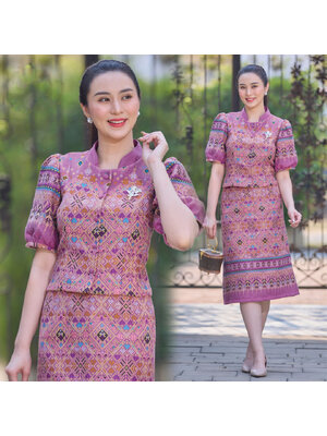kudapy ชุดเซ็ทสีม่วง เสื้อคอจีน ผ้าทอลายไทย อัดกาวทั้งชุด ชุดออกงา เนื้อเบาสบาย ทรงคุณค่า