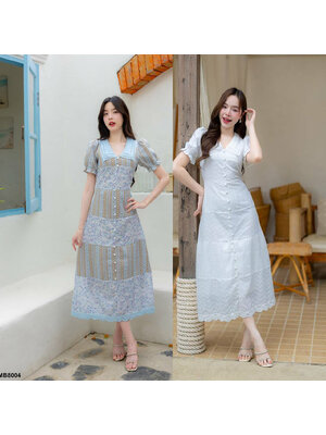 kudapy เดรสยาวสีขาว/สีฟ้า คอปกผ้าลายปักกระโปรงยาว ใส่สบายสวยดูดี