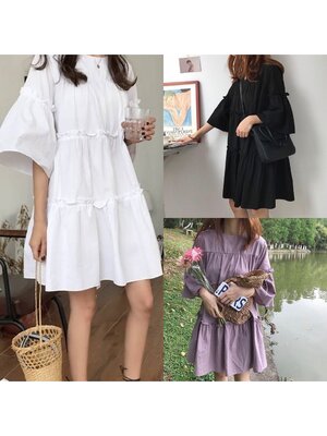 kudapy ชุดเดรสสั้นใส่เที่ยวสีดำ/สีขาว/สีม่วง แต่งดีเทลลายหยักตามแบบ งานช้อปแท้ ผ้าใส่สบายมากไม่ใช่งานก้อปแบบคร่า