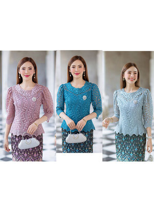 kudapy kudapy (เฉพาะเสื้อ) เสื้อลูกไม้สีม่วง/สีเขียว/สีฟ้า ผ้าลูกไม้ใยบวบเนื้อดี คอกลมสูง มีซับใน ซิปหลัง