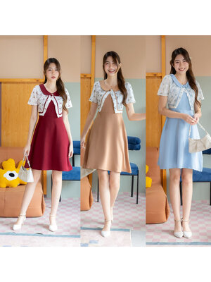 kudapy เดรสสีพื้นทรงบานแต่งเสื้อลายดอกคอบัว