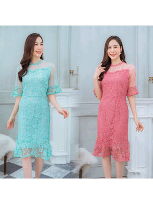 kudapy เดรสสั้นคอกลมแขนกระดิ่งสีเขียวมิ้นท์ สีชมพูพีท เดรสใส่ออกงานผ้าลูกไม้เนื้อนิ่ม ซับในซิบหลังอย่างดีค่ะ ไหล่แต่งซีทรูโชว์เซ็กซีี่
