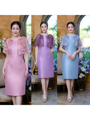 kudapy เดรสสั้นสีชมพู/สีฟ้า/สีม่วง ผ้าไหมญี่ปุ่นตัวสวยช่วงบนเป็นงานผ้าลูกไม้เงานปักลายและตกแต่งเลื่อม ดีไซน์คลุมไหล่ระบาย