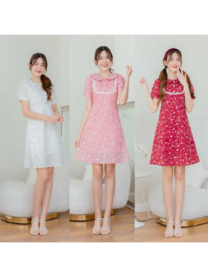 kudapy เดรสสั้นสีขาว/สีชมพู/สีแดง ทรงบานลายดอกคอกปก