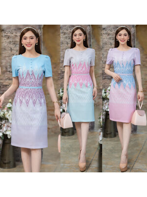 kudapy เดรสสั้นลายไทย แต่งกระดุมหน้า ใส่ออกงายสวยดูดี งานซิปซ่อนหลัง