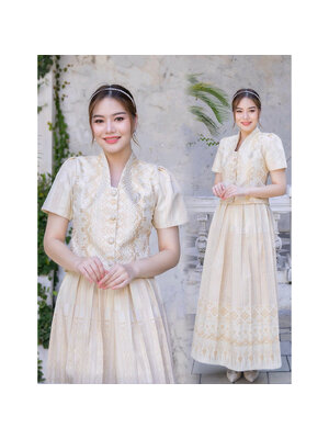 kudapy เซ็ทผ้าฝ้ายไทลื้อสีครีม งดงามอย่างไทยเป็นงานผ้าทอละเอียดสวยคมชัด อัดกาว