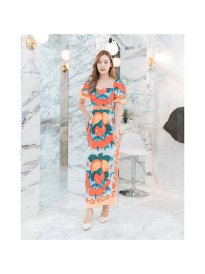 kudapy เดรสยาวสีขาว แขนตุ๊กตาลายผลไม้