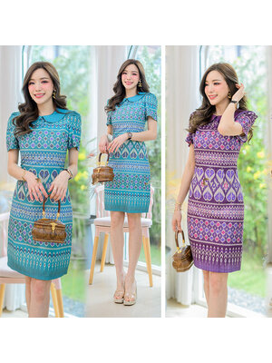 kudapy เดรสสั้นสีเขียว/สีม่วง/สีชมพู คอบัวปริ้นลายไทยสวยมากๆ เนื้อผ้าใส่ไม่ร้อน ตัวชุดอัดกาวมาพร้อมซับในและชิปซ่อนหลังใส่สบาย