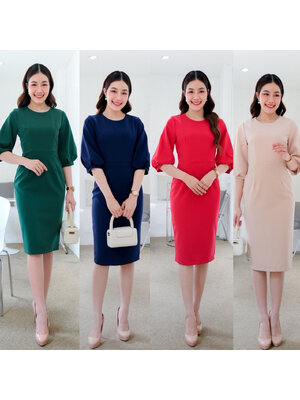 kudapy เดรสสั้นสีดำ/สีชมพู/สีครีมเบจ/สีแดง/สีน้ำเงิน/สีเขียว/สีครีมนู๊ด กระโปรงเก็บทรง แขนสามส่วนปลายพอง