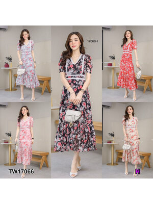 kudapy แม็กซี่เดรสยาวสีชมู ครีม ดำ เทา แดง แขนสั้น ผ้าชีฟองพิมลายดอกไม้ อกแต่งลูกไม้ มีซับใน มีซิปหลัง