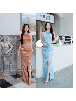 kudapy เดรสยาวสีฟ้า/สีน้ำตาลอิฐ ชุดราตรีแต่งคล้องคอสายเพชร งานสวย งานพรีเมี่ยมคัตติ้งเนี๊ยบ มีซับในเกรดเอ งานซิปหลัง