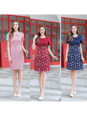 kudapy เดรสสั้นสีกรม/สีชมพู/สีแดง ลายดอกปกแต่งกระดุม