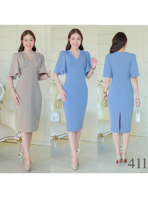 kudapy เดรสสั้นสีฟ้าคราม /สีเขียวอมเทา เข้ารูปทรงสอบ เอวสูงใต้อก คอวี ดีเทลต่อแขนระฆัง จีบยกบ่า