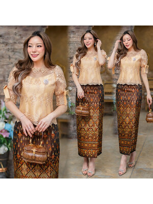 kudapy งานเสื้อผ้าลูกไม้ราเชล2มิติ แขนเสื้อแบบแขนพองแต่งโปบว์ คอเสื้อคอกลมแต่งลูกไม้ (เฉพาะเสื้อ)