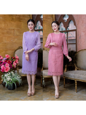 kudapyเดรสสั้นสีม่วง/สีชมพูกลีบบัวสไตล์แขนยาว ผ้าลูกไม้ช่วงกระโปรง เสื้อเป็นผ้าชิฟฟ่อนใส่สบายไม่ร้อนแต่งด้วยลูกไม้คาด