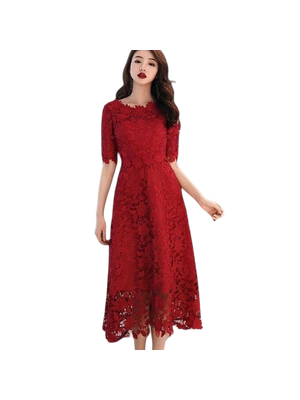 kudapy เดรสยาวคลุมเข่าผ้าลูกไม้สีแดงสด คอกลมแขนสามส่วน งานซิบหลัง ใส่ออกงาน ผ้าลูกไม้เนื้อแน่นอย่างดี ช่วงล่างยาวใช้ผ้า 3 ชั้น