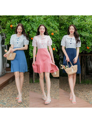 kudapy เดรสสั้นสีชมพู สีกรม สีน้ำเงินเข้ม คอบัวเสื้อลายดอกกระโปรงผ้าพื้น
