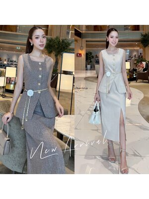 kudapy เซ็ท 4 ชิ้น เสื้อคอเหลี่ยม+ กระโปรงยาว+เข็มขัดโซ่+เข็มกลัดดอกไม้ ชุดเซ็ตกระโปรงเข้ารูป