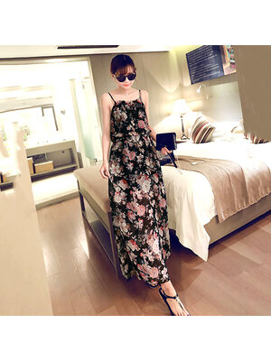 kudapy แม็กซี่เดรสยาวสีดำ เดรสทรงสายเดี่ยว เนื้อผ้าชีฟองลายดอก สีครีม เก๋ๆ