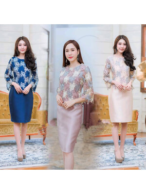 kudapy เดรสสั้นผ้าลูกไม้คอกลมแขนสามส่วน สีน้ำเงิน/สีชมพู/สีครีมทอง ใส่ออกงานผ้าลูกไม้ปักลายดอก เดรสวาตินทรงเอเข้ารูป ใส่ไปงานเกิดมากแม่