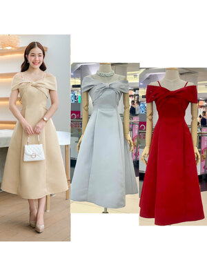 kudapy เดรสสั้นสีแดง/สีทอง/สีเทา ไหล่เดี่ยว กระโปรงทรงทิวลิป แต่งชายผ้าพริ้ว มีซับกระโปรงสั้นด้านใน