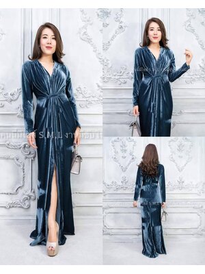 kudapy ชุดราตรียาวรวบเอว แขนยาวสีน้ำตาลทอง ผ้ากำมะหยี่สีสวยตมแบบ