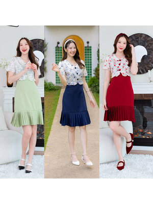 kudapy เดรสสั้น ชายกระโปรงพีชแต่งเสื้อลายดอก