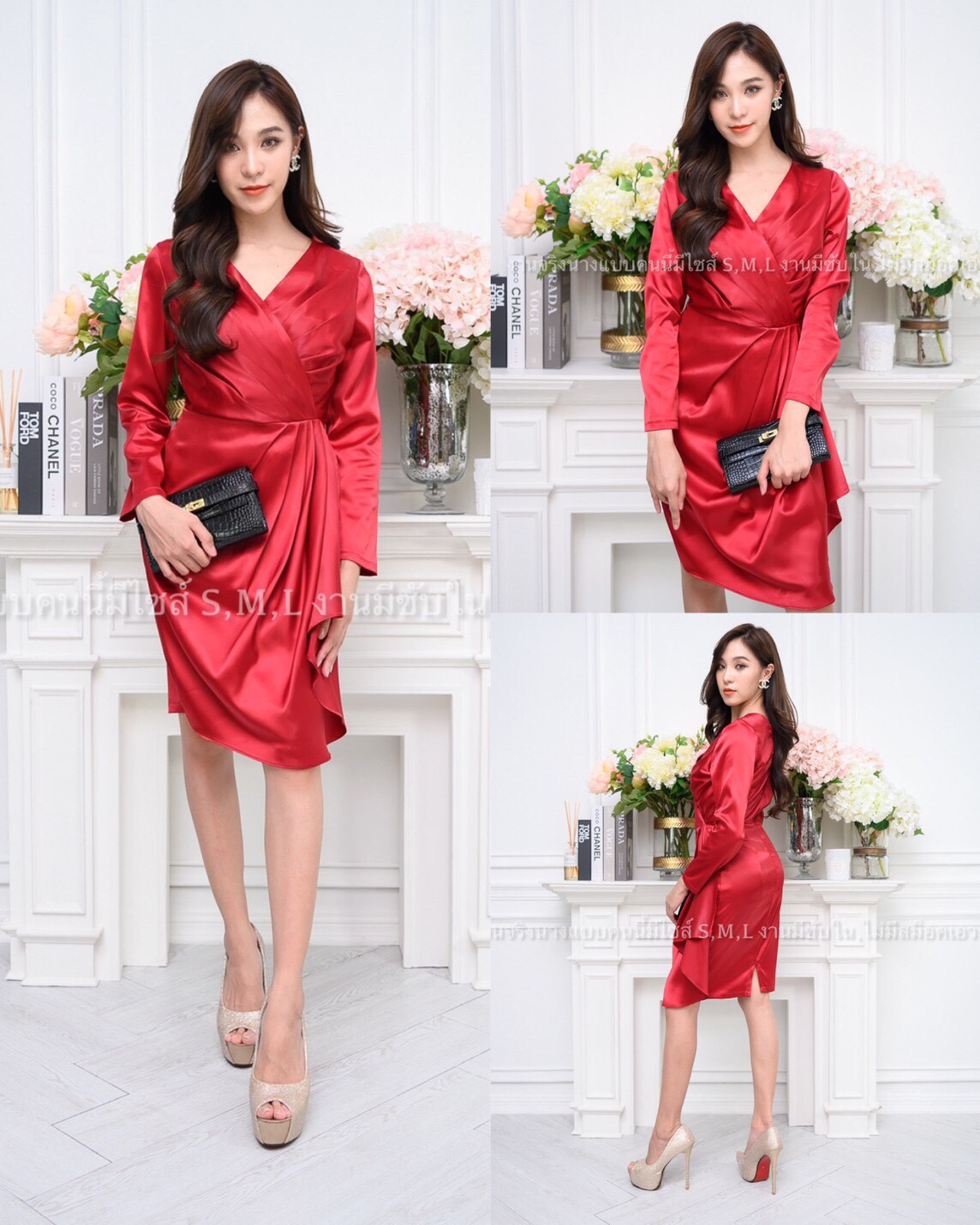 kudapy เดรสสั้นคอวีป้าย สีแดง, เขียว ,เทาเงิน เดรสสั้น แขนยาว ระบาย กปสั้น ผ้าซาติน