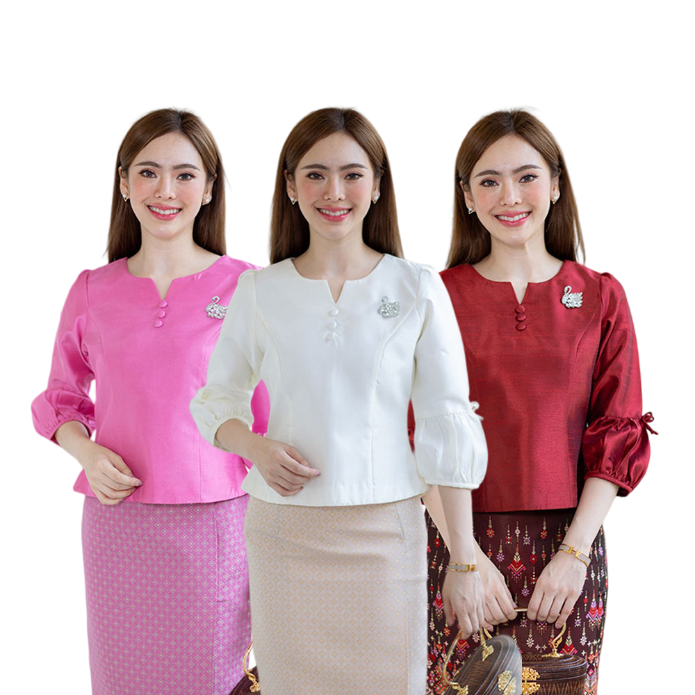kudapy เสื้อสีขาว/สีชมพู/สีแดงเลือดหมู/สีน้ำตาล เนื้อผ้าทอ เนื้อเบาสบาย ใส่สบายผิว มีลายเส้นในตัว ใส่คู่กับ ผ้าไทยลายแพรวา หรือ ผ้าลายกวินตาทอสอดดิ้นหรูหรา