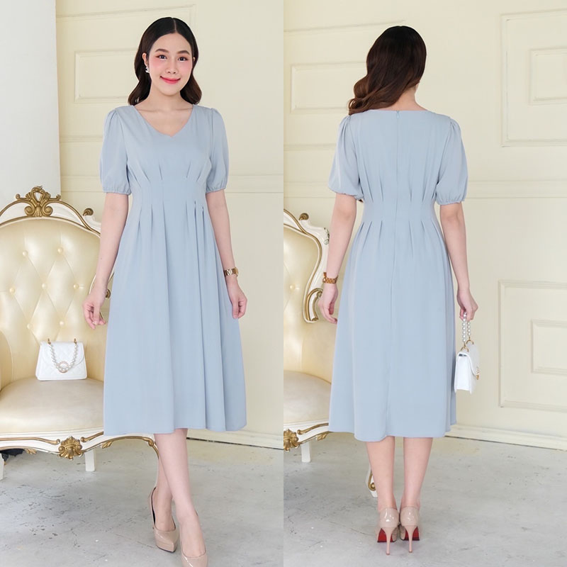 kudapy เดรสสั้นสีขียวมิ้น/สีฟ้าไฮเดรนเยีย/สีแดงเลือดนก คอวี สไตล์เกาหลี แขนตุ๊กตา กระโปรงบาน ตีเกร็ดเอวเข้ารูป ผ้าเครปเกาหลี เย็นสบาย