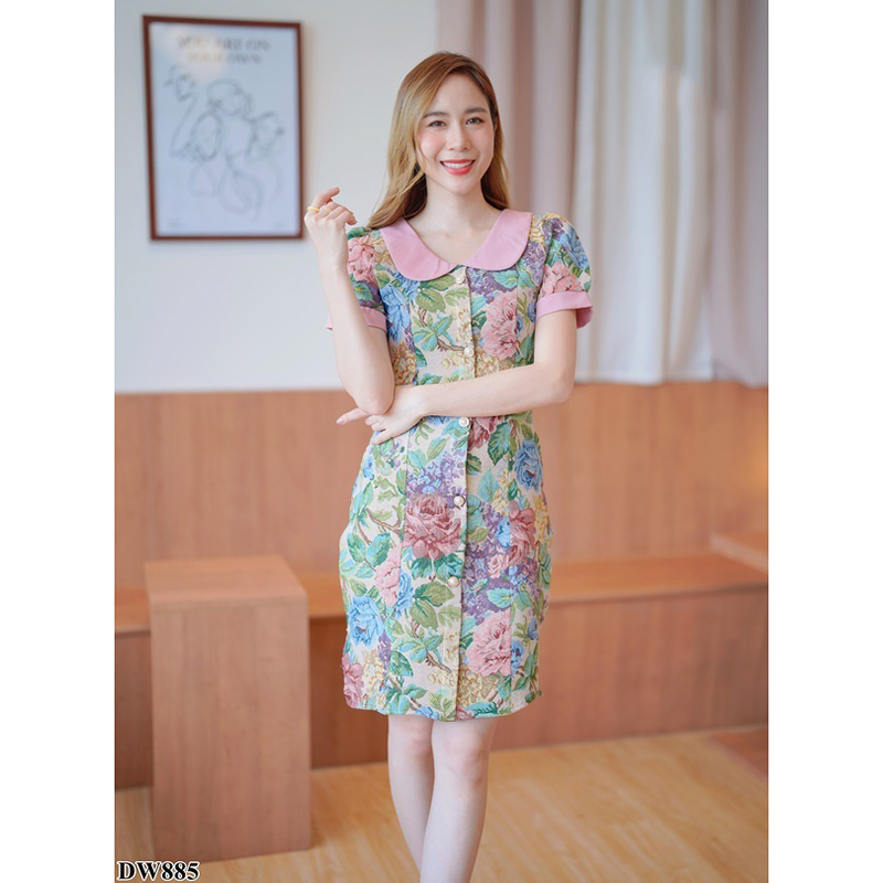kudapy เดรสสั้นสีชมพู/สีเขียว/สีครีม คอบัวลูกไม้ผ้าทอ