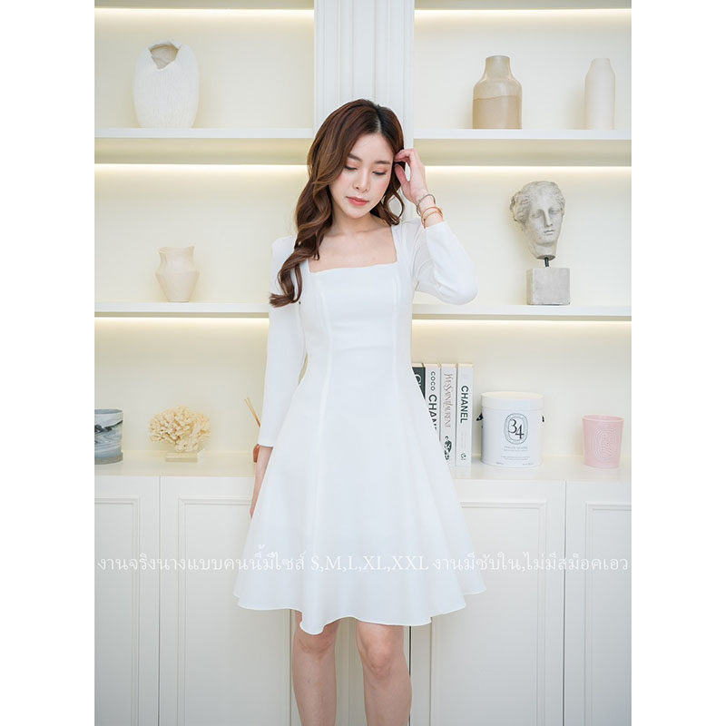 kudapy เดรสสั้นสีชมพู/สีขาว แขนยาวทรงกระโปรงบานน่ารักกก เรียบร้อยมินิมอล ใส่ทำงาน ใส่ออกงาน งานบุญ งานแต่ง งานเช้า