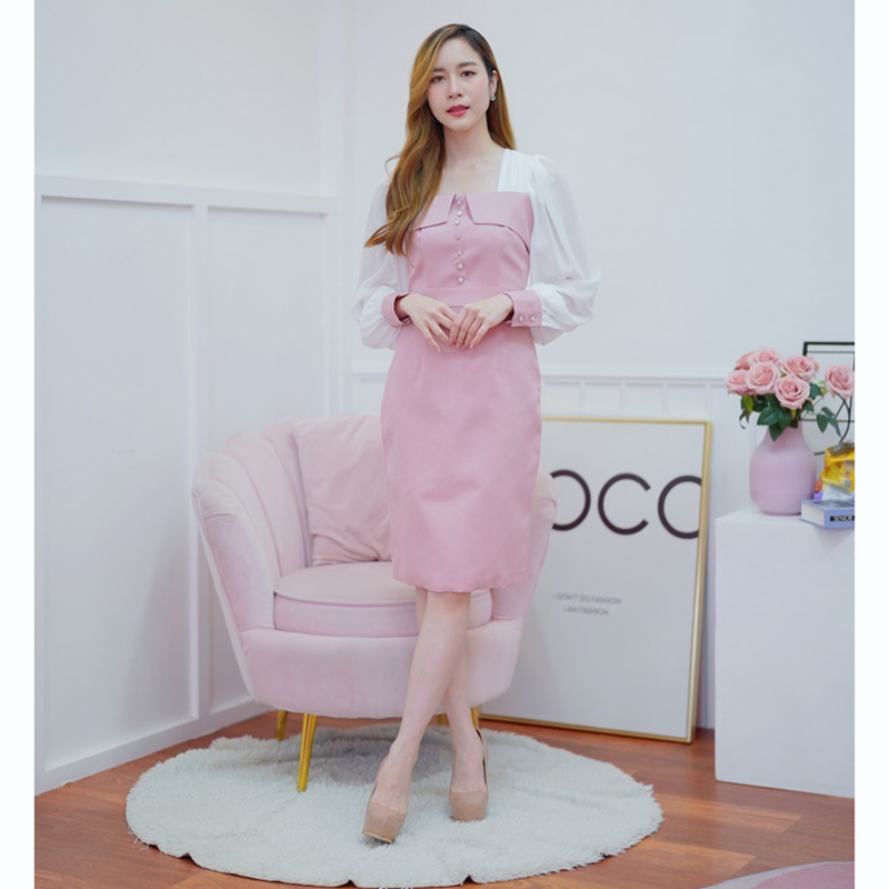 kudapy เดรสสั้นสีชมพู/สีน้ำตาล .แขนยาวแต่งกระดุมมุกสวยดูดี