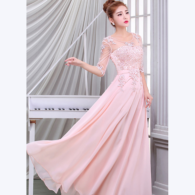 kudapy ชุดราตรียาวสีชมพู/ฟ้า แขนยาว แบบเรียบหรู แต่งลูกไม้เซาะดอก ปักลูกปัดมุก