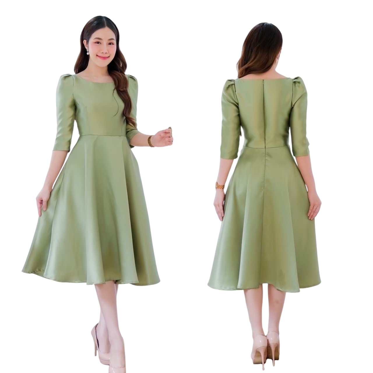 kudapy เดรสสั้นใส่ออกงานสีชมพู,สีเขียวเข้ม,สีดำ,สีน้ำเงินกรมท่า,สีเทาเงิน ทรงยกไหล่พอง แขนสาม ดีเทลจับจีบหัวไหล่