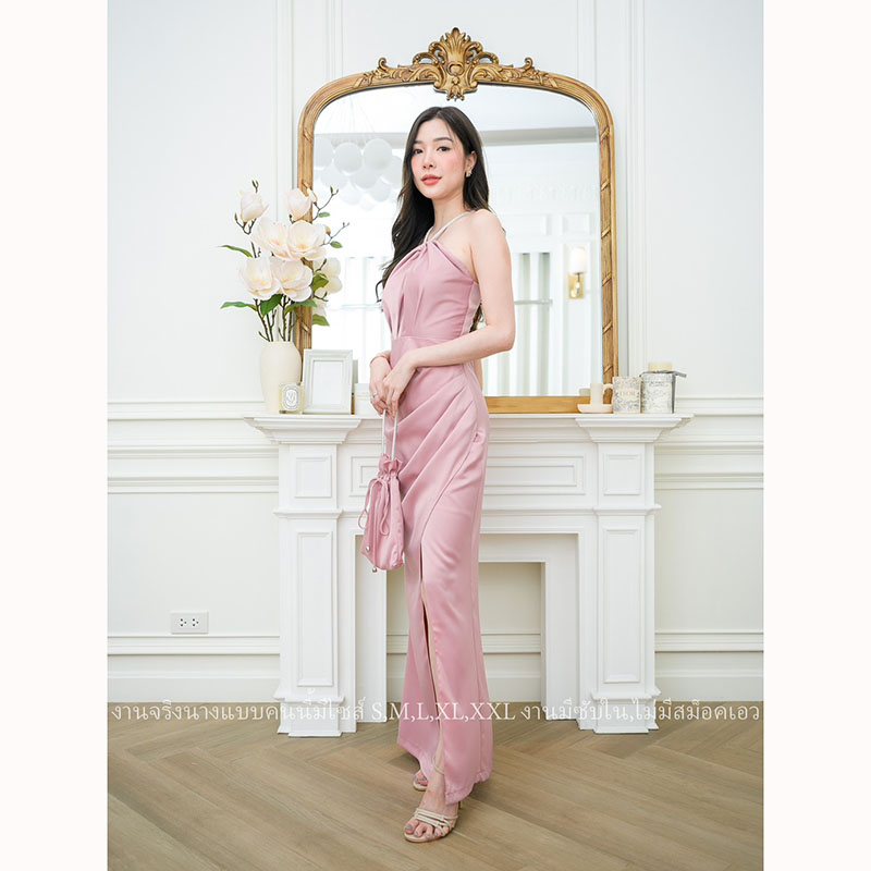 kudapy เดรสยาวสีชมพู/สีนู้ด/สีแดงเลือดหมู คล้องคอสายเพชร ผ้าเครปซาตินซับในทั้งชุด ชุดราตรีพรีเมี่ยม