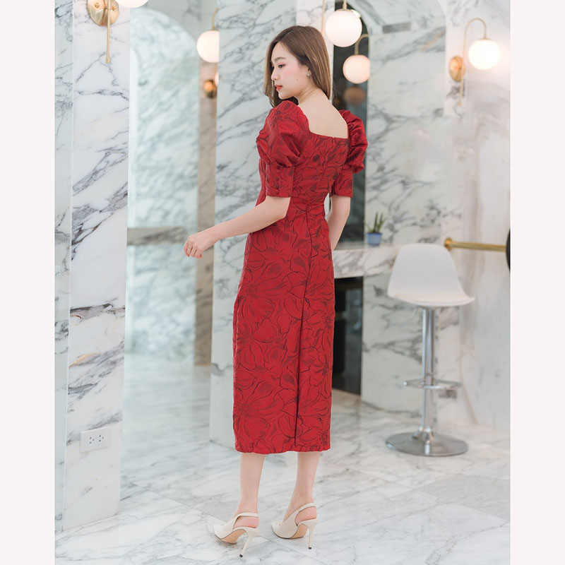 kudapy เดรสยาวสีชมพู/สีแดง/สีเหลือง ผ่าหน้าแขนตุ๊กตา สวยดูดีใส่สบาย